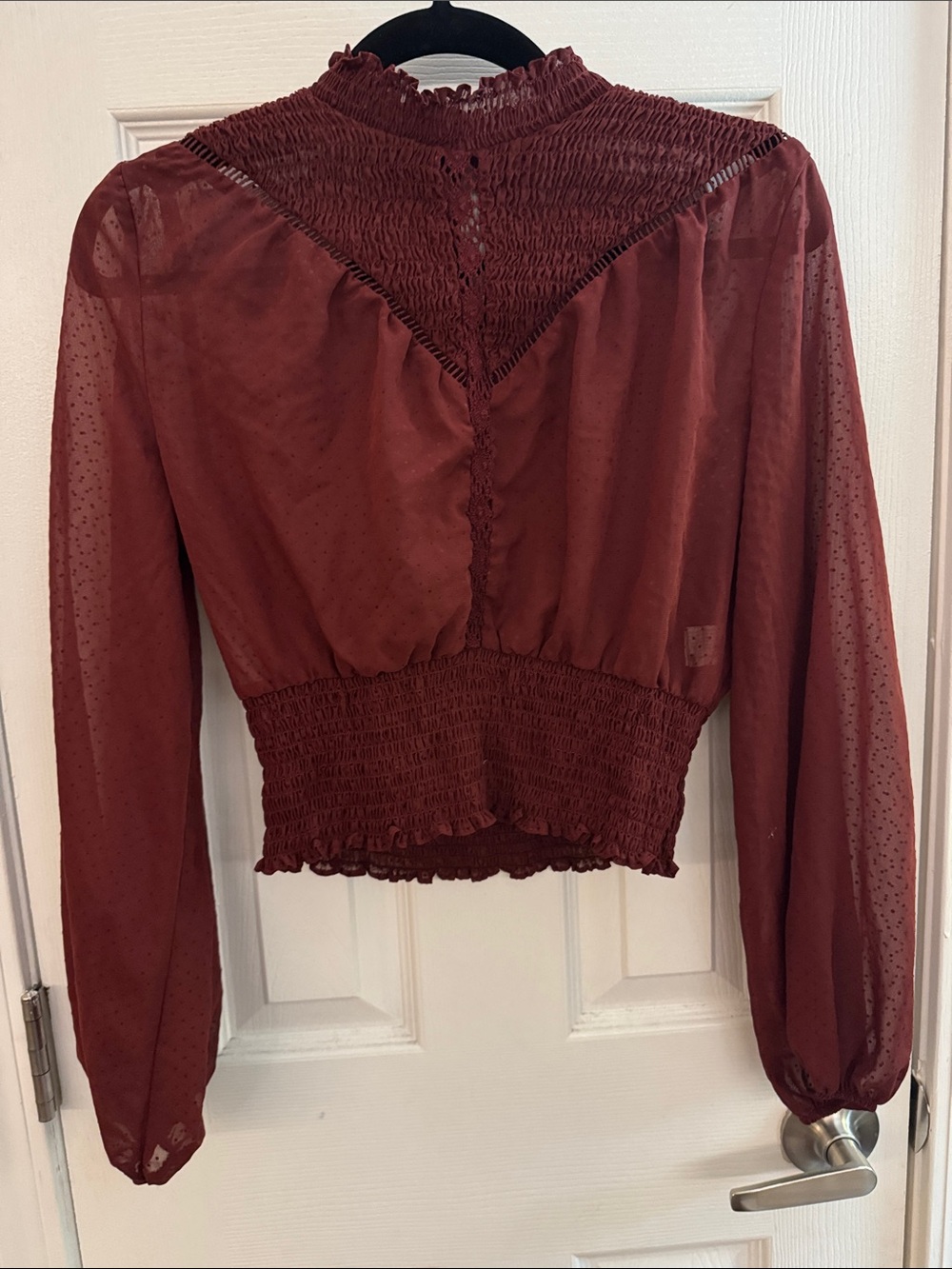 ZARA Burgundy High Neck Sheer Blouse Cinched Waist Whimsigoth Size Small - Picture 2 of 7